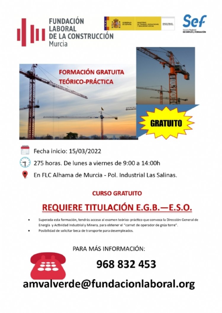 Curso gratuito de operario de grúa torre
