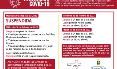 Ayuntamiento de Alhama: SUSPENDIDA la jornada de vacunación contra la Covid-19 de este miércoles 9 de febrero.