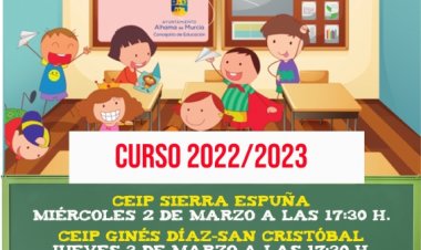 Jornadas de puertas abiertas en los colegios públicos de Alhama para el curso 2022-2023: del 2 al 10 de marzo.