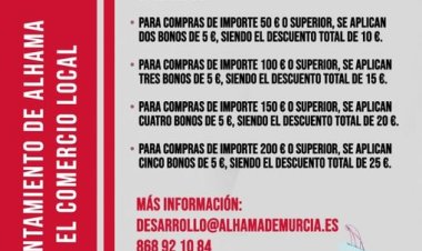ALHAMA: 56 comercios participan en la campaña de bonos descuento ¡Disfruta Alhama!, organizada por la concejalía de Comercio, que da comienzo desde hoy jueves 13 de octubre y en la que se aplicarán los siguientes descuentos:
