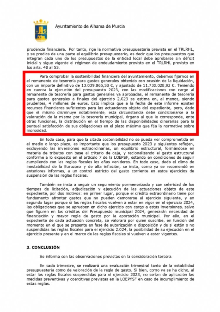 El informe de intervención de abril de 2023 estima que los ahorros disponibles son de 4 millones de euros