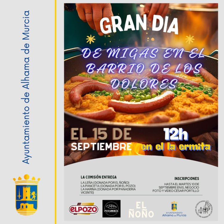 El próximo 15 de septiembre llega el gran día de las migas en el las fiestas del Barrio de los Dolores.   A las 12:00 en la Ermita, os esperamos para compartir y disfrutar de este plato tradicional.