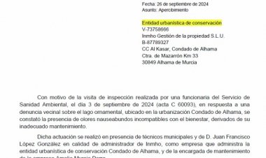 Comunicado del Ayuntamiento de Alhama de Murcia sobre el estado del lago ornamental de Condado