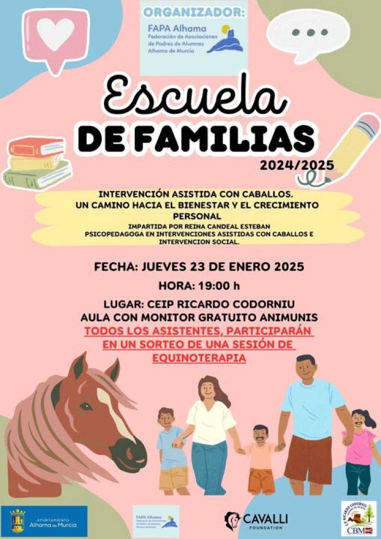 FAPA Alhama inaugura su Escuela de Familias este jueves 23 de enero con una charla sobre intervenciones asistidas con caballos en el CEIP Ricardo Codorníu