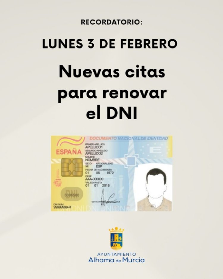 Aviso: Recogida de citas para el DNI en Alhama el 3 de febrero