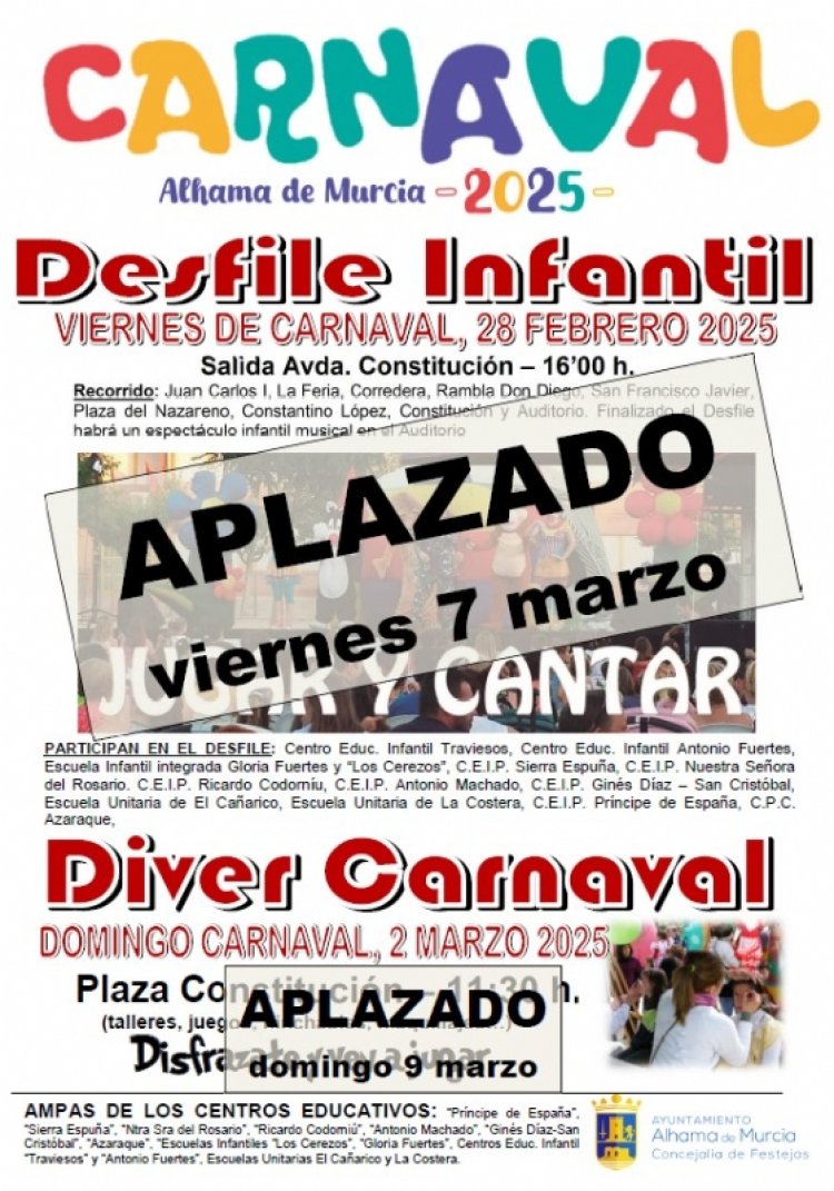 ALHAMA: COMUNICADO OFICIAL – APLAZAMIENTO DE EVENTOS DEL CARNAVAL INFANTIL EN ALHAMA DE MURCIA