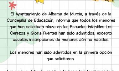 El Ayuntamiento garantiza plaza a todos los menores inscritos en las Escuelas Infantiles Los Cerezos y Gloria Fuertes