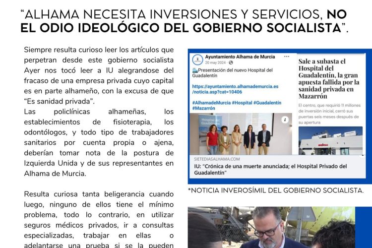 PP Alhama: Se necesitan inversiones y servicios, no el odio ideológico del gobierno socialista