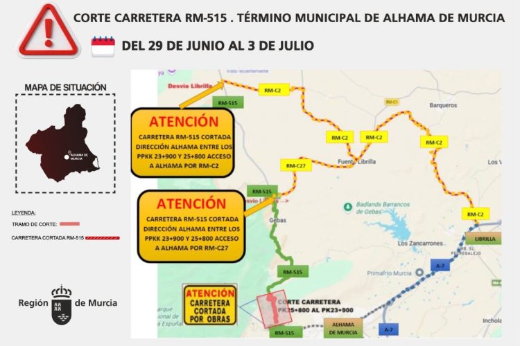 La Comunidad Autónoma cortará al tráfico un tramo de la RM-515 en El Berro del 29 de junio al 3 de julio por trabajos de poda y saneo del arbolado