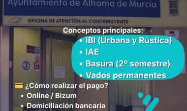 El plazo para pagar los impuestos y tasas municipales en Alhama de Murcia finaliza el 5 de noviembre